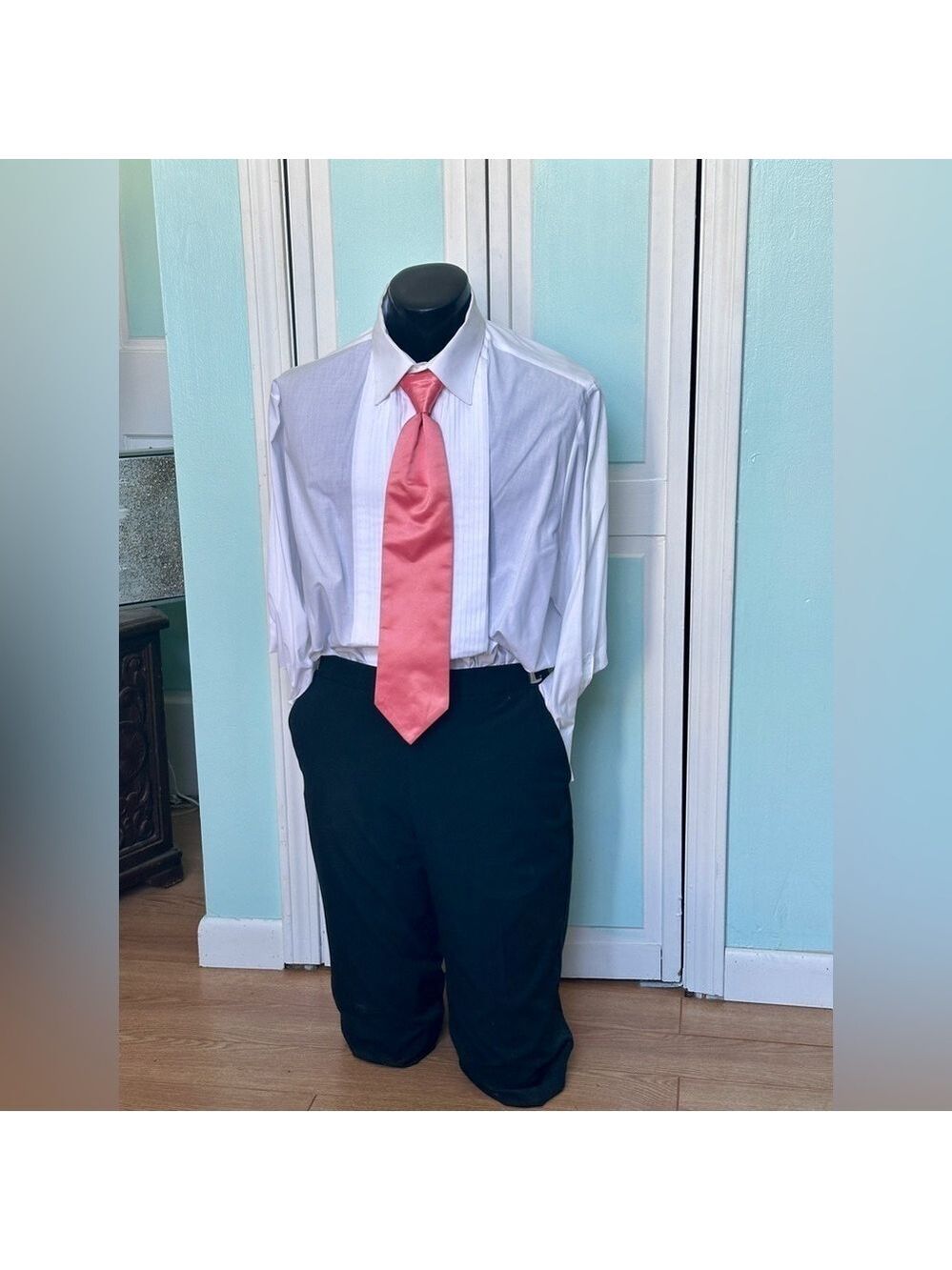 Coral Salmon Orange Pink Satin Tie Wedding Prom Tuxedo Pre Tied clip